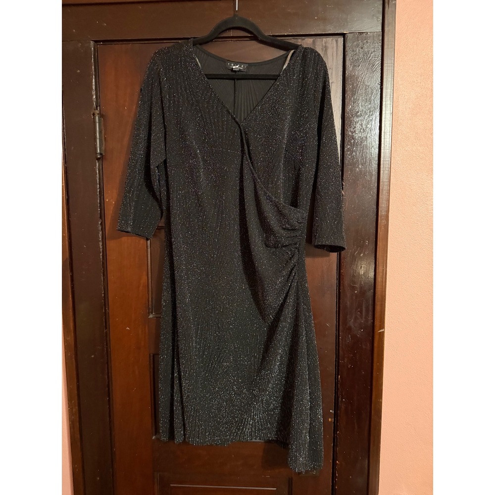 Trixxi Black Metallic Shimmer Faux Wrap Cocktail Dress Plus 1X V-Neck 3/4 Sleeve